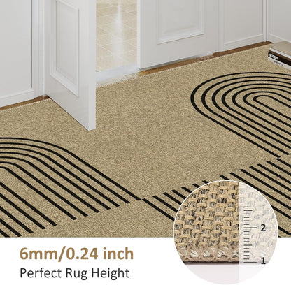 Easy Jute Rug 2x3, Small Area Rug for Entryway, 2x3 Washable Entryway Rug Indoor Outdoor Front Door Mat, Farmhouse Rainbow Non Slip Black Carpet for Kitchen Bathroom, Light Brown/Black