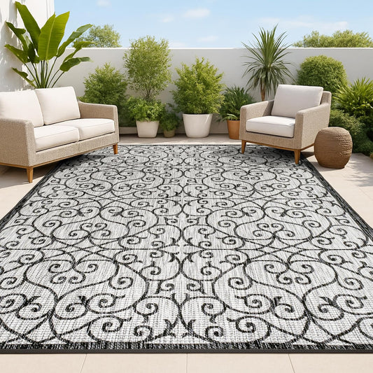 JONATHAN Y Vintage Filigree Indoor Outdoor Area Rug 8X10 Light Gray/Black, Madrid Textured Weave for Backyard, Patio, Porch, Easy-Cleaning, High Traffic, Pet-Friendly, Non-Shedding (SMB107E-8)