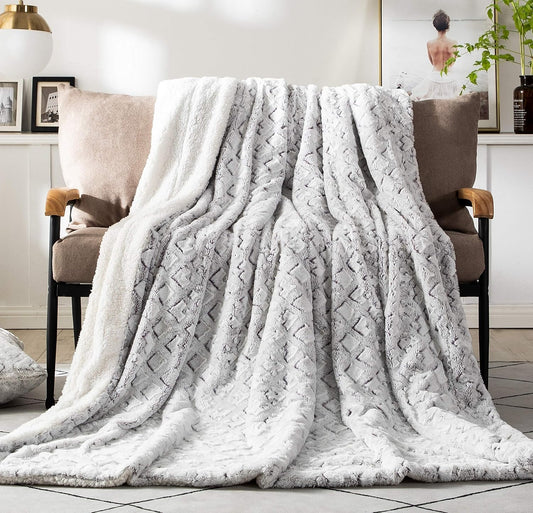 DaDa Bedding Luxury Faux Fur Throw Blanket - Dreamy Milky Way White with Subtle Purple Undertones - Embossed Sherpa Backside - Cozy & Elegant Cloud Design - Soft Plush Fluffy Warm Blanket - 63" x 90"