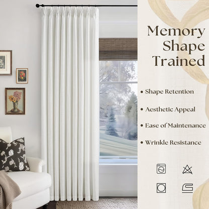 Ivory White Pinch Pleated Linen Curtains 1 Panel for Living Room Bedroom Memory Training Shaped Semi Sheer Pleat Drapes Hooks Rings Light Filtering Non See Through Window Curtain Sliding Door 60x108