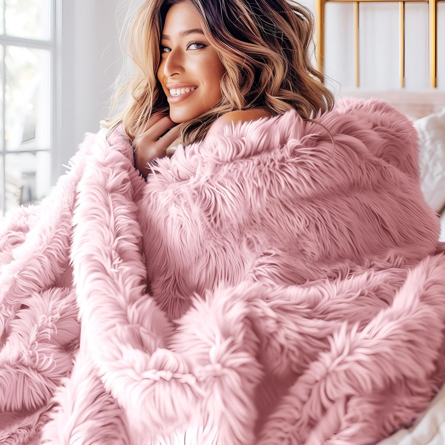 Bedsure GentleSoft Fluffy Pink Blankets Queen Size for Bed, Thick Sherpa Faux Fur Fleece Fuzzy Plush Winter Warm Heavy Soft Full Queen Blankets, Bedroom Decor Pink Gifts Cozy Gifts for Women, 90x90