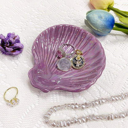 Shell Jewelry Ring Holder Dish, Cute Room Decor Seashell Jewelry Dish Tray, Small Ceramic Jewelry Plate Bowl, Engagement Ring Dish Trinket Dish, Wedding Jewelry Tray, 3.9", Purple Iridescent Surface