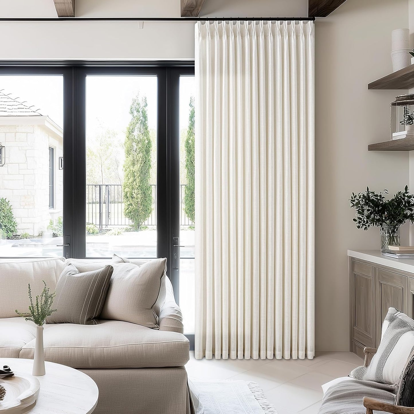 Natural Cream Pleated Linen Curtains 120 Inches Long 60 Inch Width Extra Wide for Living Room Bedroom Semi Sheer 120 Inch Length Back Tab Hooks Rings Pinch Pleat Curtains for Patio Glass Door 1 Panel