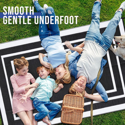 OLANLY Outdoor Rug 9x12 ft Waterproof, Reversible Outdoor Plastic Straw Rug, RV Mat, Indoor Outdoor Carpet Clearance for Patio, Camping, Balcony, Deck, Backyard, Black & White