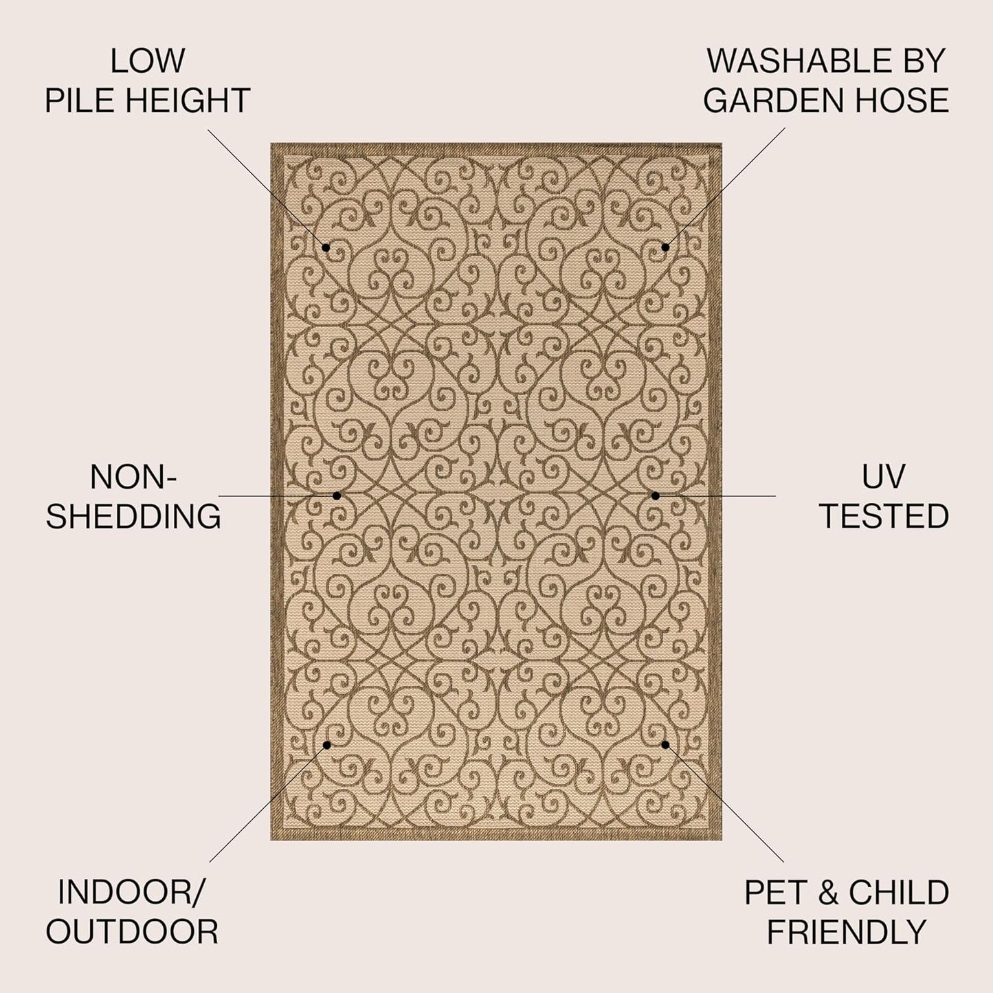 JONATHAN Y Vintage Filigree Indoor Outdoor Square Area Rug 9X9 Beige/Brown, Madrid Textured Weave for Backyard, Patio, Porch, Easy-Cleaning, High Traffic, Pet-Friendly, Non-Shedding (SMB107B-9SQ)