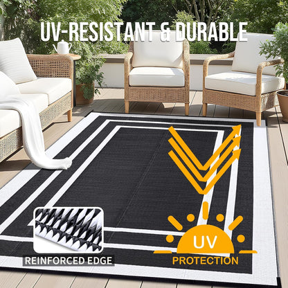 OLANLY Outdoor Rug 6x9 ft Waterproof, Reversible Outdoor Plastic Straw Rug, RV Mat, Indoor Outdoor Carpet Clearance for Patio, Camping, Balcony, Deck, Backyard, Black & White