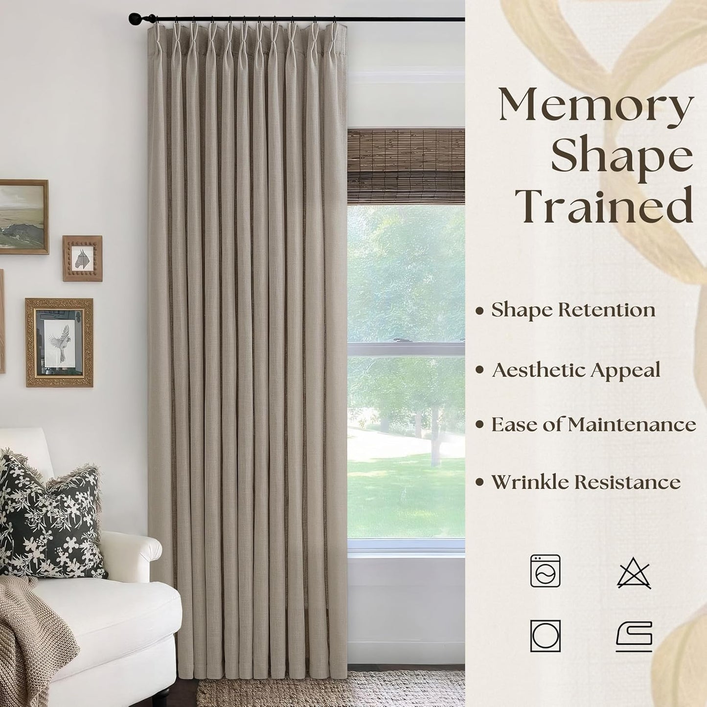 Pinch Pleated Linen Curtains 96 Inches Long 70 Inch Width Light Filtering Window Curtains 96 Inch Living Room Bedroom Pinch Pleat Drapes Patio Door Large Window Taupe Burlywood Birch 1 Panel 70Wx96L
