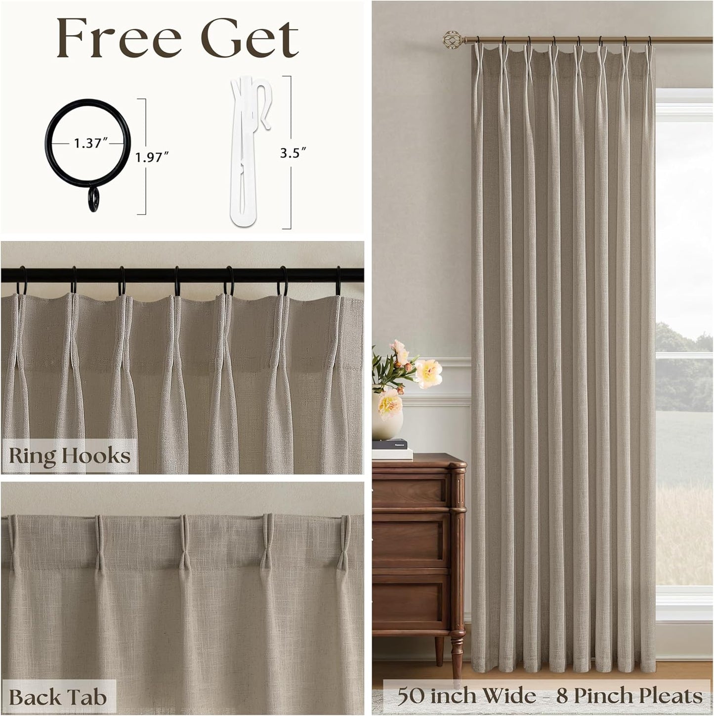 90 Inch Pinch Pleated Curtains for Living Room Thick Linen Textured Drapes 90 Inches Long Pinch Pleat Drapes Burlywood Birch Farmhouse Semi Sheer Privacy Curtain for Dining Room Bedroom 1 Panel 50x90