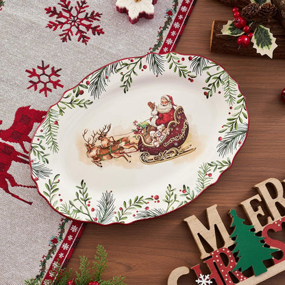 Bico Santa On The Way 16 plus 14 inch Scalloped Oval Platters Set, Set of 2, Microwave and Dishwasher Safe, for Serving Fish, Chicken, Turkey