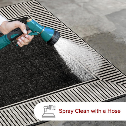 nuLOOM 5' x 8' Outdoor Area Rug, Casual Design With Striped Border, Stain Resistant, Highly Durable, For Patio, Balcony, Bedroom, Living Room, Dining Room, Bathroom, Black