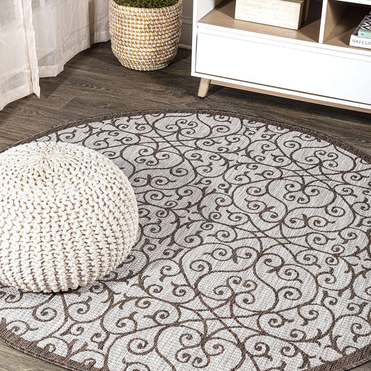JONATHAN Y Vintage Filigree Indoor Outdoor Round Area Rug 8 Ft Taupe/Espresso, Madrid Textured Weave for Backyard, Patio, Porch, Easy-Cleaning, High Traffic, Pet-Friendly, Non-Shedding (SMB107C-8R)