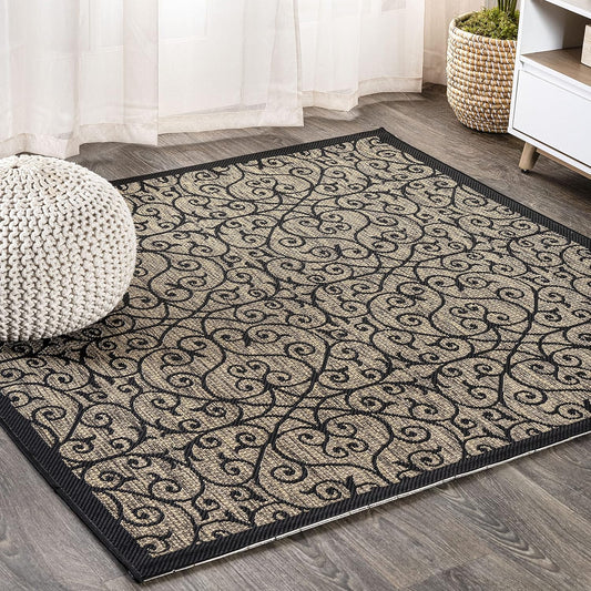JONATHAN Y Vintage Filigree Indoor Outdoor Square Area Rug 8X8 Black/Khaki, Madrid Textured Weave for Backyard, Patio, Porch, Easy-Cleaning, High Traffic, Pet-Friendly, Non-Shedding (SMB107A-8SQ)