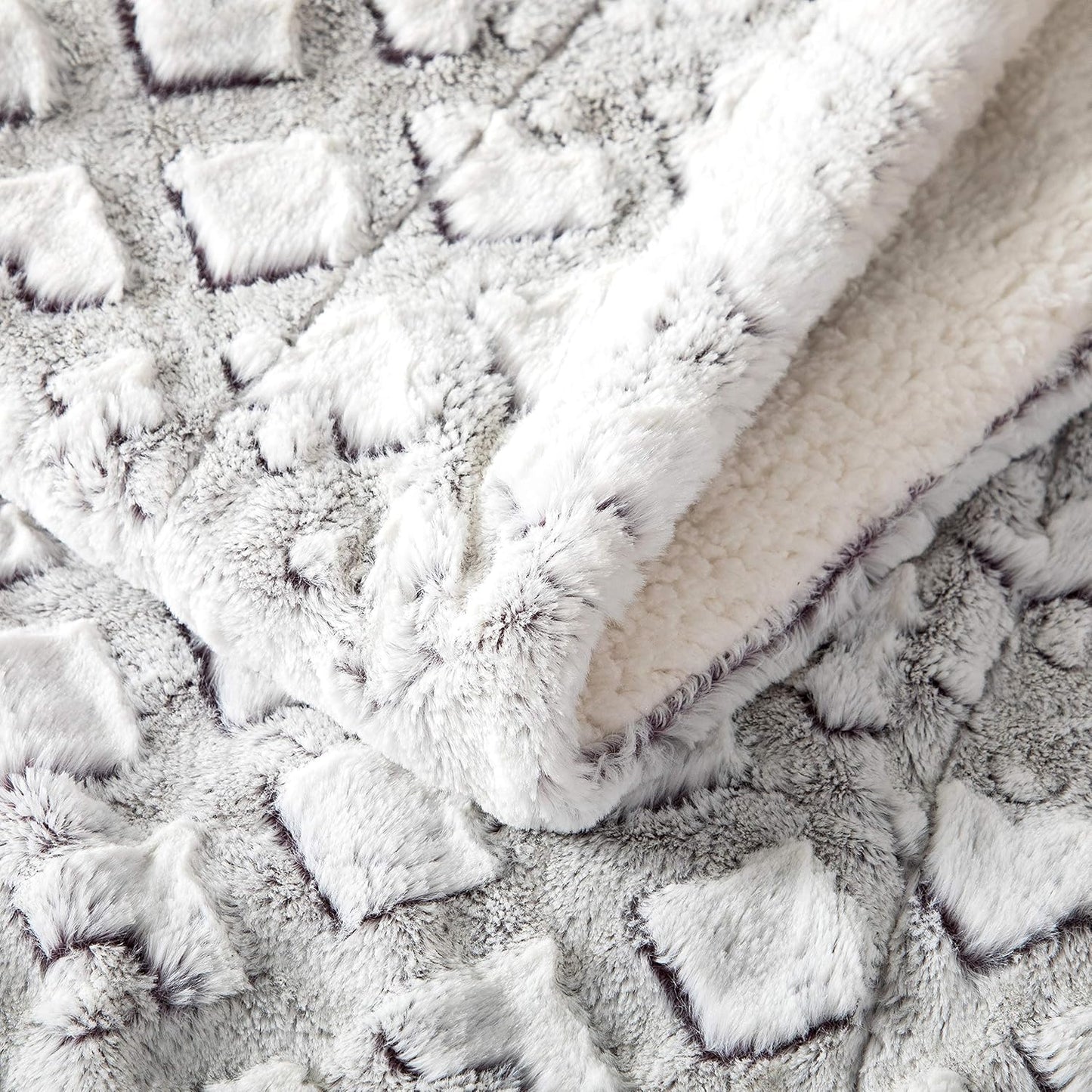 DaDa Bedding Luxury White Faux Fur Throw Blanket - Dreamy Milky Way Cloud Purple Undertone Embossed Sherpa Backside - Super Soft Warm Cozy Plush Fluffy - 90" x 90"