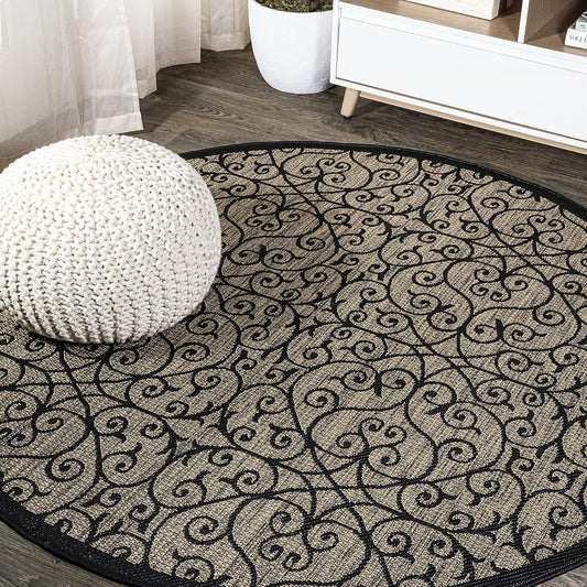 JONATHAN Y Vintage Filigree Indoor Outdoor Round Area Rug 4 Ft Black/Khaki, Madrid Textured Weave for Backyard, Patio, Porch, Easy-Cleaning, High Traffic, Pet-Friendly, Non-Shedding (SMB107A-4R)