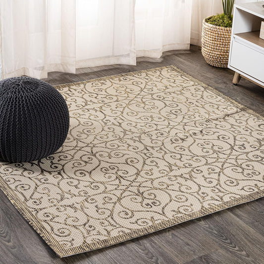 JONATHAN Y Vintage Filigree Indoor Outdoor Square Area Rug 9X9 Beige/Brown, Madrid Textured Weave for Backyard, Patio, Porch, Easy-Cleaning, High Traffic, Pet-Friendly, Non-Shedding (SMB107B-9SQ)